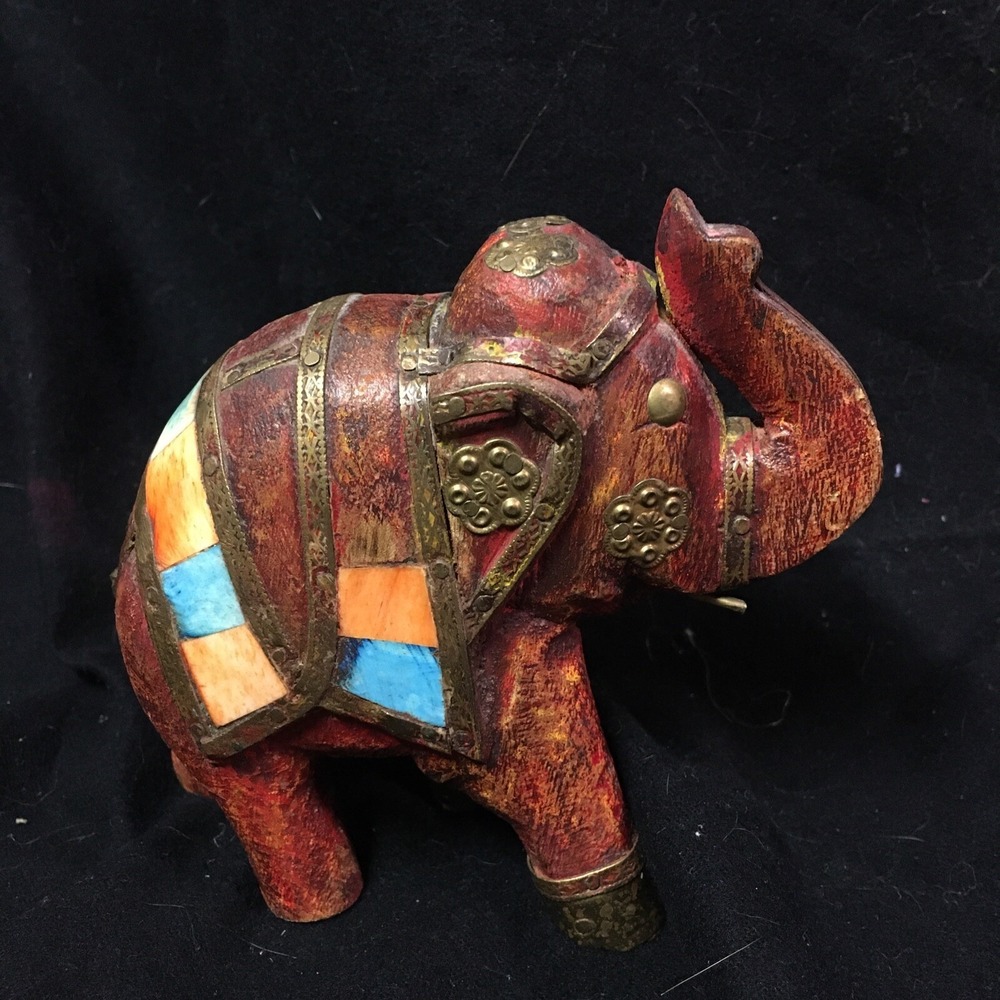 Wood Carved Mini Elephant Decor World Market 6" Tall Wooden Brass Copper